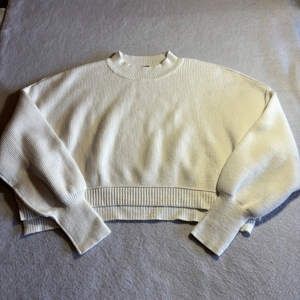 Free People Womens M Cream Ribbed Knit Easy Street Crop Balloon Sleeve Sweater